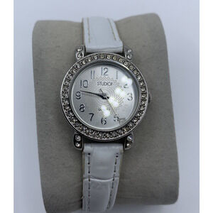 Studio Women's Watch White Leather Band Silver tone Rhinestones